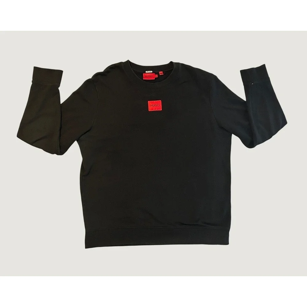 Hugo Boss Mens Sweatshirt Black Red Logo Patch Crewneck Pullover Large